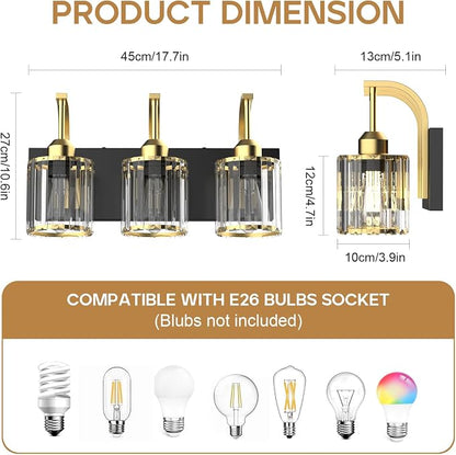 3-Light Bathroom Vanity Light Fixtures, Modern Bathroom Lighting Fixtures Over Mirror with Golden Crystal Lampshade, E26 Base Modern Vanity Lighting, Suit for Stairway Bedroom and Hallway