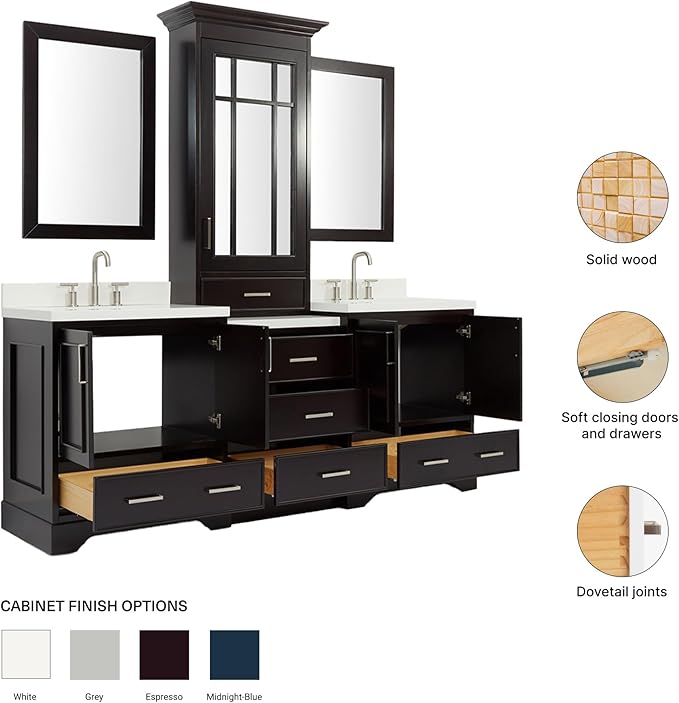 ARIEL Stafford 84-inch Bathroom Vanity with Sink,Solid Wood, 1.5-inch Pure White Quartz Countertop, Double Rectangular Porcelain Sink, 5 Soft Closing Doors, 6 Dovetail Drawers, Espresso