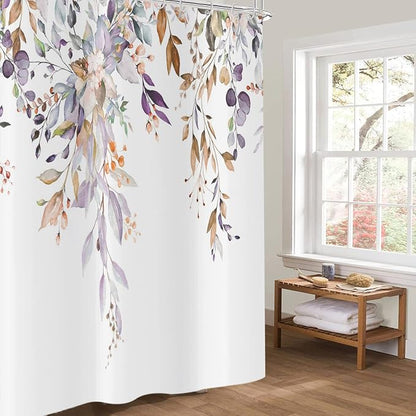 Leaf Shower Curtain, Light Purple and Tan Eucalyptus Leaves Botanical Plants on The Top Fabric Bathroom Curtain Home Decor Waterproof Washable with 12 Hooks 72.00'' x 65.00'' (GCI-8612)