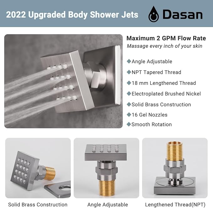DASAN Full Body Shower System with 6 PCS Body Spray Jets & 12'' Rain Overhead Shower & Handheld, In-Wall Rain Shower System Brushed Nickel Shower Faucets Sets Complete with Valve, SA-SS03ABN-S12W