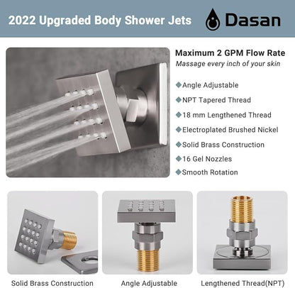 DASAN Full Body Shower System with 6 PCS Body Spray Jets & 12'' Rain Overhead Shower & Handheld, In-Wall Rain Shower System Brushed Nickel Shower Faucets Sets Complete with Valve, SA-SS03ABN-S12W