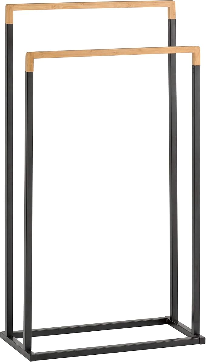 MyGift 33 Inch Free Standing Towel Rack for Bathroom, Freestanding Bath Towel Holder with 2 Tier Bamboo Wood Bar and Black Chrome Plated Metal, Drying Rack Stand Laundry
