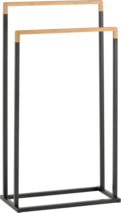 MyGift 33 Inch Free Standing Towel Rack for Bathroom, Freestanding Bath Towel Holder with 2 Tier Bamboo Wood Bar and Black Chrome Plated Metal, Drying Rack Stand Laundry
