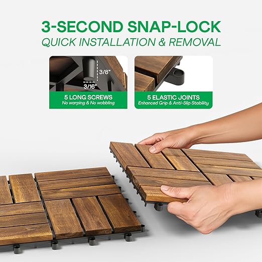 Idzo Interlocking Deck Tiles 9.6 SQFT - 10PCS Waterproof Acacia Wood Patio, Flooring Panels for Indoor and Outdoor - Decking Checker Pattern, 11.81 x 11.81 x 0.91 Inches, Golden