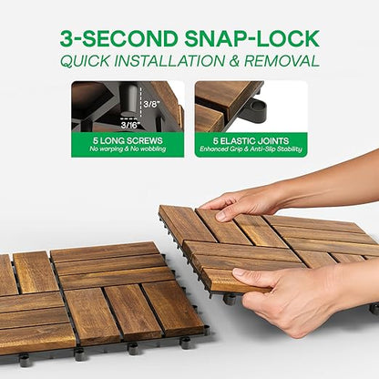Idzo Interlocking Deck Tiles 9.6 SQFT - 10PCS Waterproof Acacia Wood Patio, Flooring Panels for Indoor and Outdoor - Decking Checker Pattern, 11.81 x 11.81 x 0.91 Inches, Golden