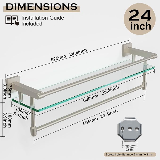 24-Inch Modern Wall-Mounted Bathroom Glass Shelf with 1 Shelf, Brushed Nickel, 1 Towel Bar, 45 lbs Weight Capacity