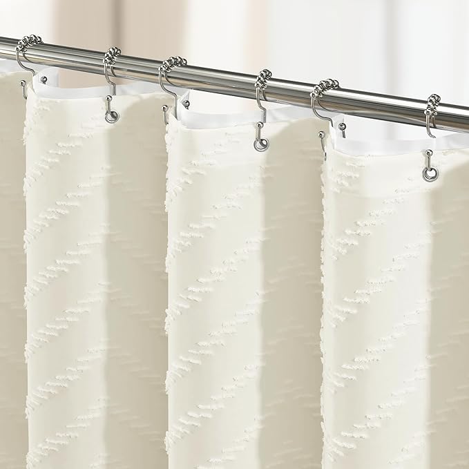 Dynamene Stall Shower Curtain and Liner Set - 36 x 72 inch Half Boho Shower Curtain and Waterproof Clear Liner, Tufted Chevron Striped Tassel Shower Curtains for Bathroom, 6 Hooks, 36x72, Cream