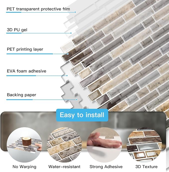 Art3d Linear Tile Peel and Stick Backsplash, 10-Pack, Vintage Sandstone | 12 x 12 Inch, Enhanced Thickness, Warp Resistant, Strong Adhesion, Sturdy, for Kitchen, Bedroom, Ideal for Home Improvement