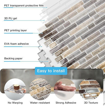 Art3d Linear Tile Peel and Stick Backsplash, 10-Pack, Vintage Sandstone | 12 x 12 Inch, Enhanced Thickness, Warp Resistant, Strong Adhesion, Sturdy, for Kitchen, Bedroom, Ideal for Home Improvement