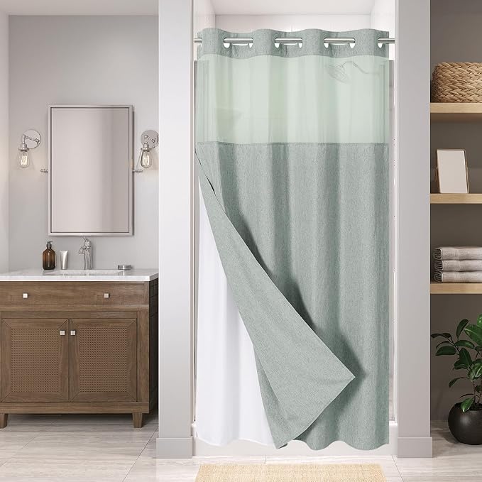 eachope No Hook Fabric Shower Curtain with Snap-in Liner,54x80 Sage Green | Linen Texture,230GSM Thick Fabric,Hotel Luxury Decor,Mesh Window,Waterproof & Machine Washable,for Shower Stall or Bathroom