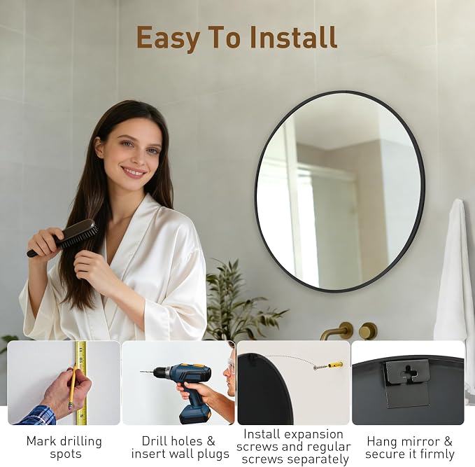 NEWBULIG 20 Inch Round Wall Mirror, Bathroom Mirrors for Over Sink | Metal Framed Circle Vanity Mirror, Wall Decor for Bedroom, Entryway, Anti-Rust, Tempered Glass, Hanging or Leaning, Black