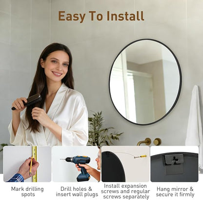 DUMOS 20 Inch Round Wall Mirror, Bathroom Mirror, Black | Metal Frame, Tempered Glass & Anti Rust Metal Frame, Decor for Bathroom Vanity Bedroom Entryway