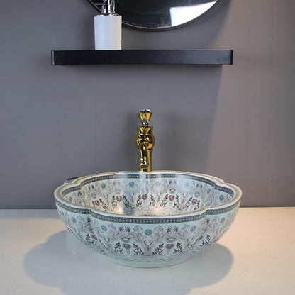 Bathroom Vessel Sinks Europe Style Light Blue Flower Shape Above Counter Ceramic Sink for Vanity Top