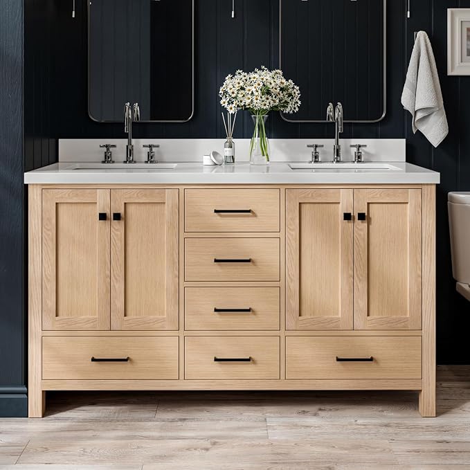 ARIEL Cambridge 60-inch Bathroom Vanity with Sink,Solid Wood, 1.5-inch Pure White Quartz Countertop, Double Rectangular Porcelain Sink, 4 Soft Closing Doors, 6 Dovetail Drawers, White Oak