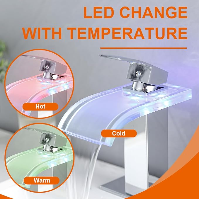 LED Bathroom Faucet, Chrome Waterfall Bathroom Sink Faucet, 1 Hole Single Handle Polished Vanity Mixer Tap Commercial Temperature Control Light Color Change