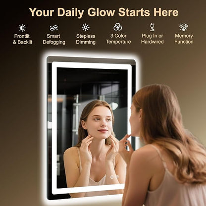 LED Bathroom Mirror, 24"x32" Bathroom Vanity Mirror with Lights | Smart Anti-Fog, Dimmable, 3 Color Modes, Backlit+Front Lit, Memory Function, HD Tempered Glass,Horizontal/Vertical,ETL Listed