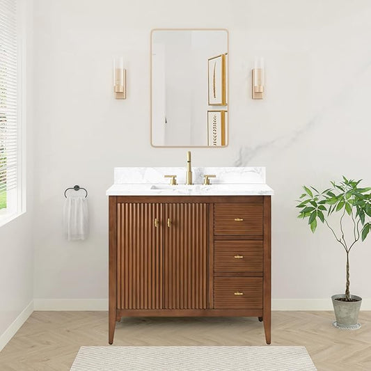 HOMEBEYOND 36" Bathroom Vanity with Sink, Solid Wood Bathroom Vanity Free-Standing Cabinet, Drawers, Ceramic Top & Soft Closing Door, Golden Brushed Handware, Walnut