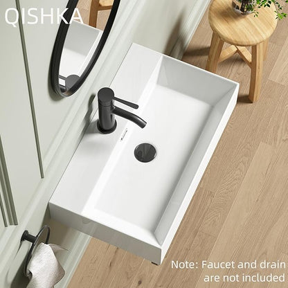 Wall Mount Rectangular Vessel Sink with Towel Rack, QISHKA 24"x14" Modern Ceramic Bathroom Floating Sink, White Rectangle Vanity Sink with Overflow, Wall Hung Wash Hand Basin