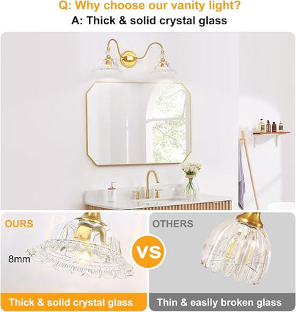 Gold Bathroom Vanity Light Fixtures 2 Lights Vanity Lights for Bathroom with Floral Crystal Glass Shade Modern Wall Lighting Fixtures Over Mirror(Exclude E26 Bulb)