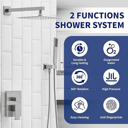 BWE Shower System Brushed Nickel 10 Inch Square Bathroom Luxury Rain Mixer Shower Combo Set Shower Kit Wall Mounted Rainfall Head Shower Faucet Rough-in Valve Body and Trim Included