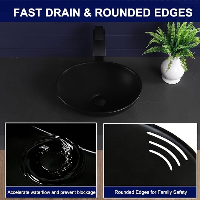 Vessel Sink 16"x13" Oval Bathroom Sink Modern Black Porcelain Ceramic Above Counter Drop-in Vanity Sink for Bathrooms Art Basin