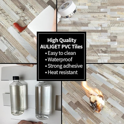 AULIGET 20 Sheets Peel and Stick Backsplash, Beige Wood Look PVC Mixed Metal Stick on Backsplash Tiles for Kitchen