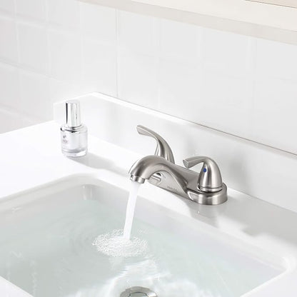 Brushed Nickel Bathroom Faucet 4 Inch Centerset for Lavatory Sink | Mid Arc, 2 Handle Lead-Free RV Bathroom Faucet with Metal Pop Up Drain Supply Lines, for 2 or 3 Hole Lavatory Utility Sink