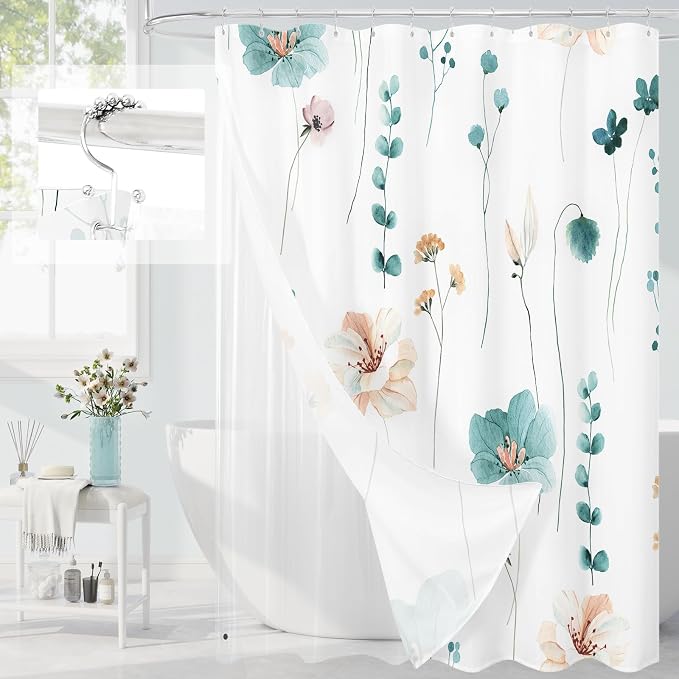 Extra Long 3 in 1 Shower Curtain Set, 72x96 | Extra Long 3 in 1 Shower Curtain Set, PEVA Liner Set & 12 Double Sided Steel Hooks, Waterproof Fabric Bathroom Curtain