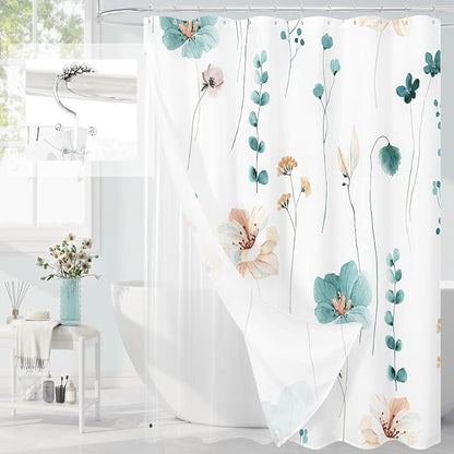 Extra Wide 3 in 1 Shower Curtain Set, 108x72 | Extra Wide 3 in 1 Shower Curtain Set, PEVA Liner Set & 12 Double Sided Steel Hooks, Waterproof Fabric Bathroom Curtain