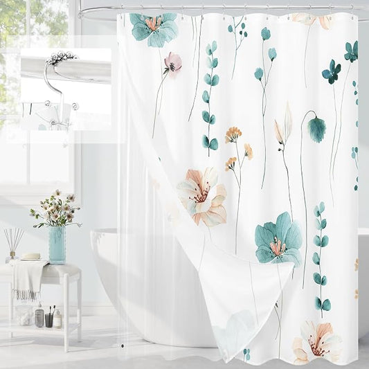 3 in 1 Teal Watercolor Floral Shower Curtain Liner Set, 72x72 | Narrow 3 in 1 Shower Curtain Set, PEVA Liner Set & 12 Double Sided Steel Hooks, Waterproof Fabric Bathroom Curtain