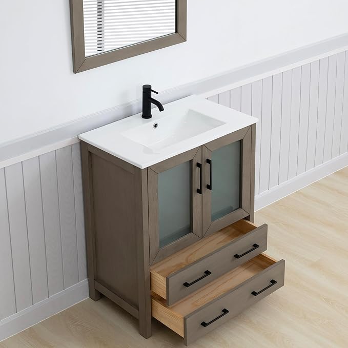 Vanity Art 30" Single Sink Bathroom Vanity with 1 Mirror, Ceramic Top Cabinet Compact Set with 2 Dovetail Storage Drawers and Matte Black Handles, Dark Grey, VA3030-DG