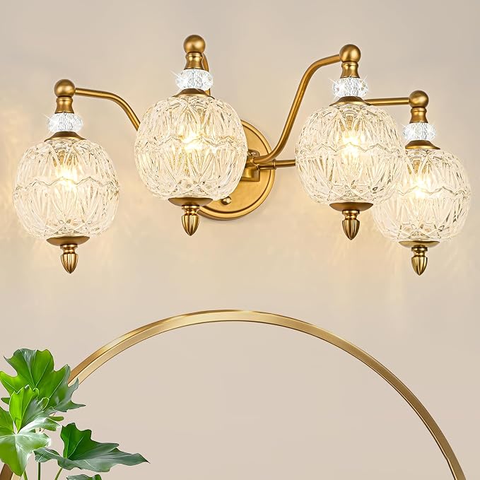 Vintage Bathroom Vanity Light, 4-Light Mid Century Matte Brass Finish Wall Sconce with Globe Glass Shades, Retro Mirror Light for Bathroom, Powder Room