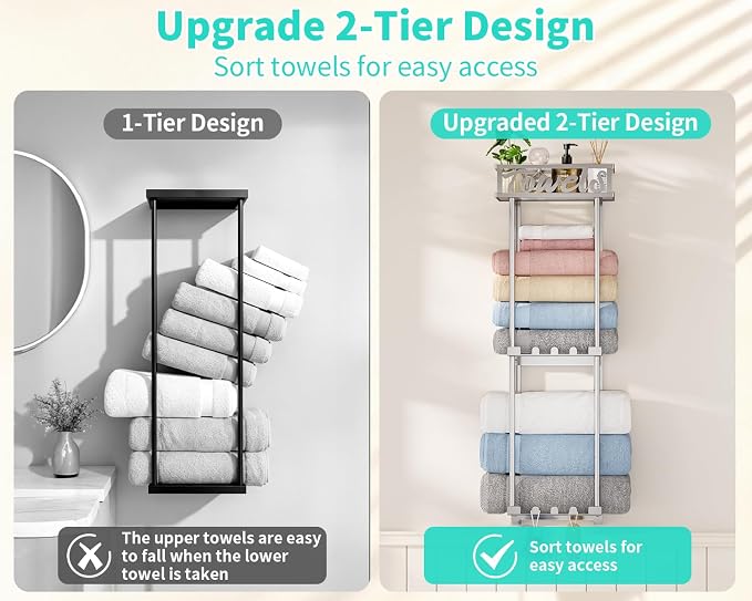 HapiRm Towel Rack Bathroom Storage - 3 Tier Over The Door & Wall Mounted Rolled Towel Racks Holder Organizer with Metal Shelf and 6 Hooks for Small Bathroom, Camper, Rv - Sliver