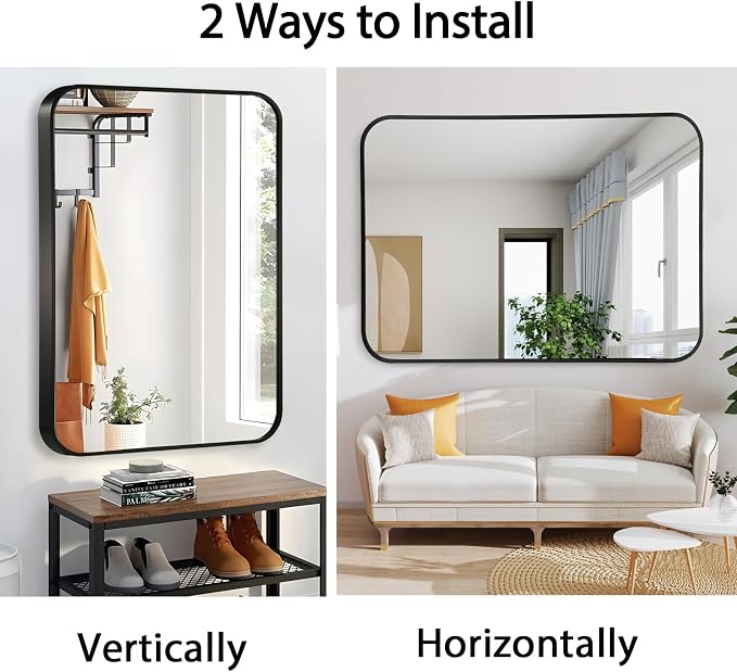 22x30 Inch Black Wall Mirror for Bathroom, Brushed Metal Framed Mirror with Rounded Corner, Rectangle Bathroom Vanity Mirror for Bedroom or Living Room, Horizontal/Vertical