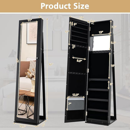 COSTWAY Standing Jewelry Cabinet, Large Capacity Jewelry Organizer w/Full-Length Mirror & Rear Storage Shelves, Lockable Mirror Jewelry Armoire with Keys for Girls Women (Black)