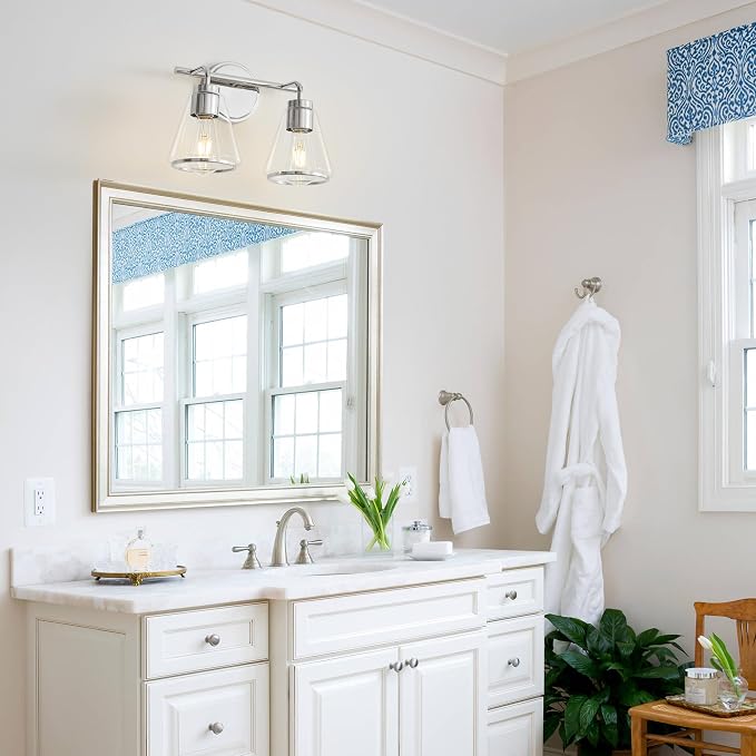Bathroom Light Fixtures Over Mirror Polished Nickel Vanity Light 2-Lights | Bathroom Vanity Lights with Clear Glass Shade, 14 inch Vanity Lighting Fixtures, Modern Wall Sconces Bath Light