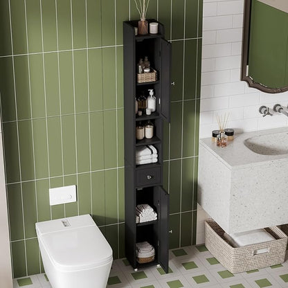 ChooChoo Narrow Bathroom Storage Cabinet with Adjustable Shelves, Tall Storage Cabinet with 2 Doors and 1 Drawer, Freestanding Cupboard for Small Spaces, Black