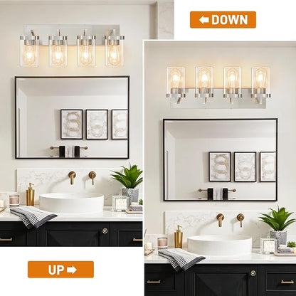 4-Light Bathroom Lighting Fixtures over Mirror, Brushed Nickel Vanity Lights with Square Transparent Glass Shade. Modern Bathroom Vanity Light for Mirror Kitchen, Living Room, Gallery, Hallway
