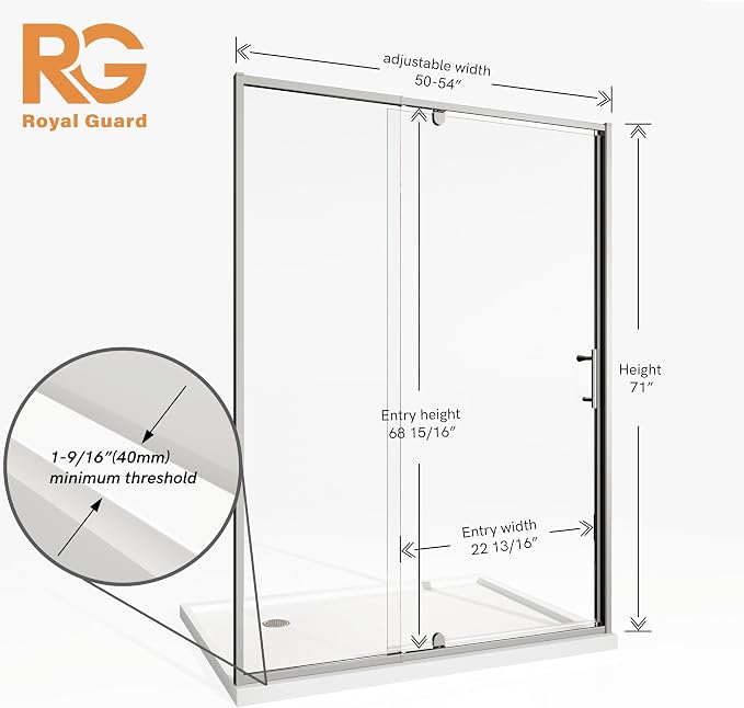 Royal Guard 50-54" W x 71" H Pivot Swing Glass Shower Door,Chrome | Shower Doors with 4-Inch Adjustable Width, 6mm SGCC Tempered Glass, Reversible Installation,Magnetic Closing&Waterproof
