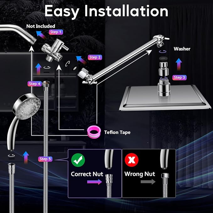LED Shower Head with High Pressure 10” Rain Shower Head, 11” Extension Arm | Color Changing Based On Water Temperature Handheld showerhead, Stainless Steel, 60" Hose, Chrome