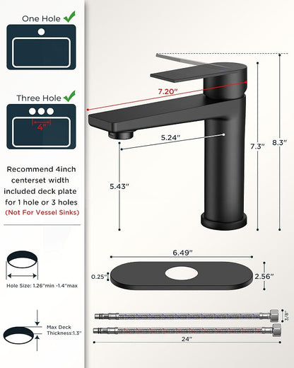 FORIOUS Black Bathroom Faucet 1 Hole, Commercial Bathroom Sink Faucets | Single Hole Bathroom Sink Faucet Matte Black, Single Handle Rv Faucet Bathroom for Sink with Deck Plate and Pop Up Drain