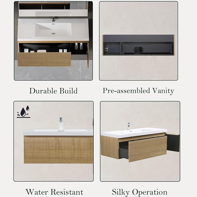 Floating Bathroom Vanity, 48" Wall Mounted Bathroom Cabinet with Glossy White Stone Resin Sink, U-Shaped Soft-Close Drawer & Door, Pre-Assembled Striped Bathroom Storage Vanity, Natural Wood