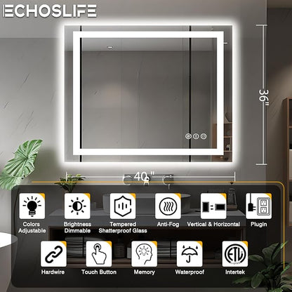 EchosLife 40"x36" LED Bathroom Vanity Mirrors | Backlit + Front Lit, Anti-Fog, Stepless Dimmable, 3 Colors, Memory, Tempered Glass, UL Listed, Horizontal/Vertical