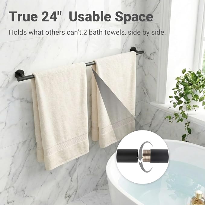 5-Piece Matte Black Bathroom Hardware Set, SUS304 Stainless Steel Wall Mounted Bathroom Accessories, 24 Inch Towel Bar, Towel Ring, Toilet Paper Holder, 2 Hooks, Rustproof Modern Bathroom Fixtures