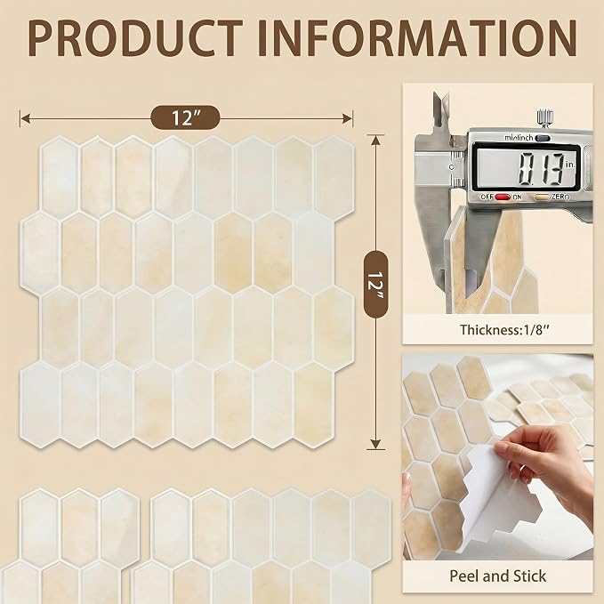 Arttown Peel and Stick 3D Wall Backsplash, 10-Sheet, 12" × 12" Hexagon | Subway Tile Self Adhesive Thicker Design Wall Tiles Panel Wallpaper for Kitchen Bathroom Balcony