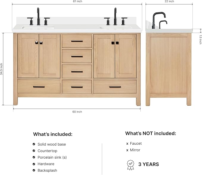 ARIEL Cambridge 60-inch Bathroom Vanity with Sink,Solid Wood, 1.5-inch Pure White Quartz Countertop, Double Rectangular Porcelain Sink, 4 Soft Closing Doors, 6 Dovetail Drawers, White Oak