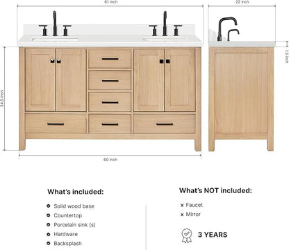 ARIEL Cambridge 60-inch Bathroom Vanity with Sink,Solid Wood, 1.5-inch Pure White Quartz Countertop, Double Rectangular Porcelain Sink, 4 Soft Closing Doors, 6 Dovetail Drawers, White Oak
