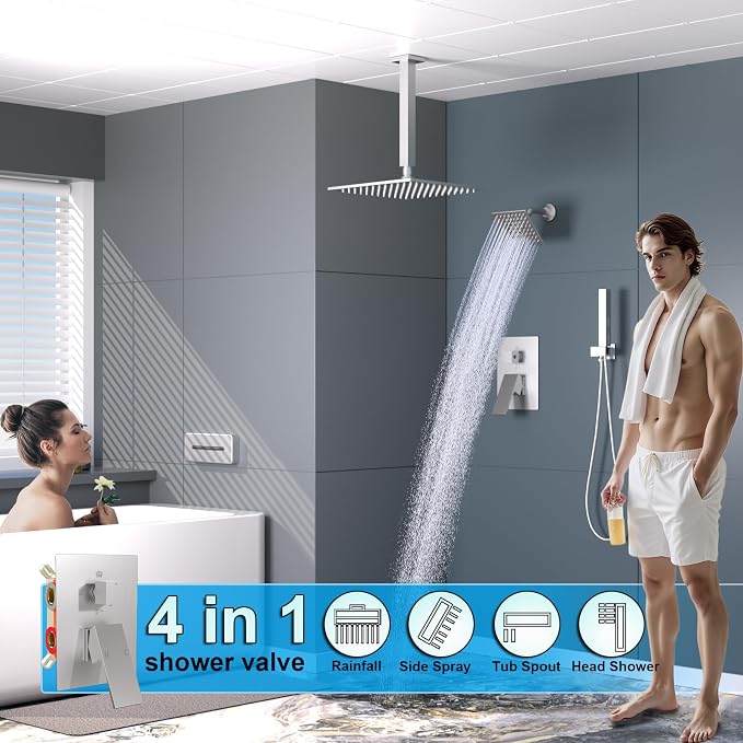 ENGA Dual Shower Head System with Tub Spout, Ceiling Mount 12 Inch Shower Head with 6 Inch Wall Mount Shower Head Shower Faucet Set, Brushed Nickel