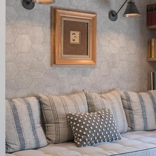 W&S 1-Sheet Matte Warm Grey Peel and Stick Flooring Tile,Thicker Hexagon Stick on Backplash for Kitchen,Self Adhesive Faux Stone Floor Tile for Living Room,Bathroom,Bedroom