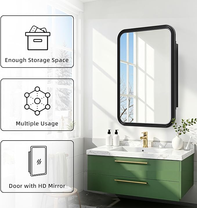 Casaphoria 36" H x 24" W Bathroom Medicine Cabinet with Mirror, Metal Frame Wall Medicine Cabinets Mirrors, Wall Mirror Cabinets, Black